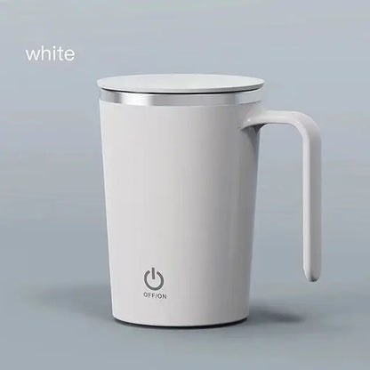 White automatic self-stirring magnetic mug with handle and lid.