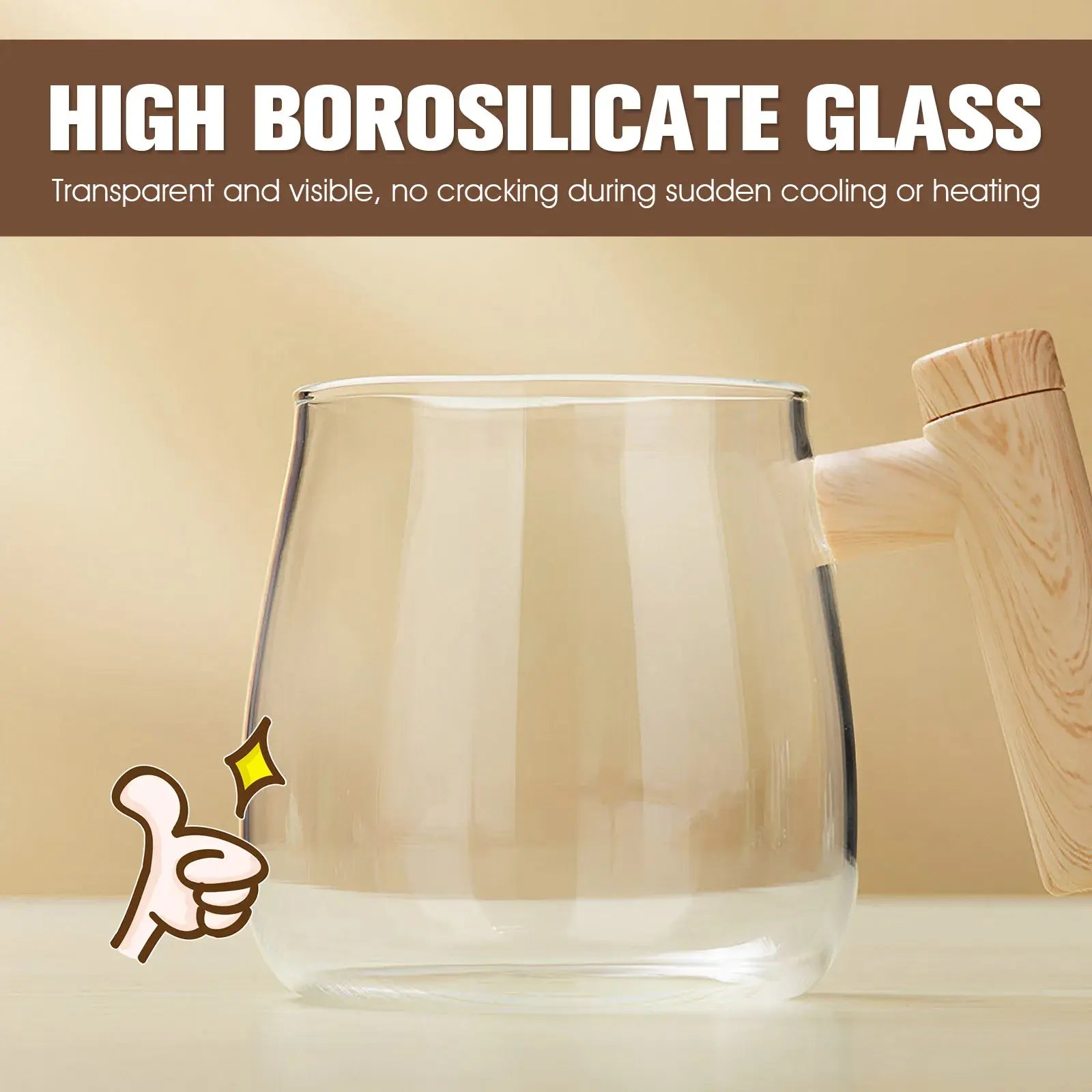 Electric coffee cup made of high borosilicate glass with wooden handle, designed for transparency and durability.