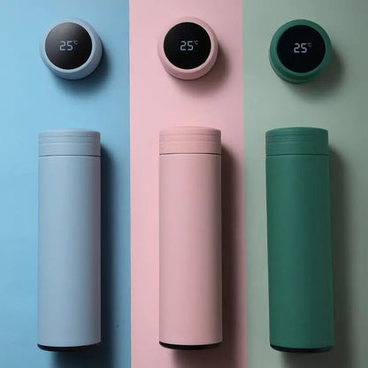 Smart Bottle Stainless Steel in blue, pink, and green with digital temperature display, perfect for hydration and sustainability.