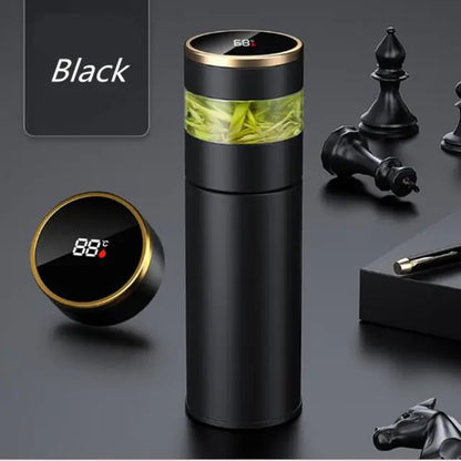 Black smart thermos bottle with temperature display and tea infuser.