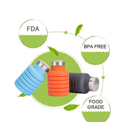 Collapsible Water Bottle in blue, orange, and gray; BPA-free, FDA-approved, and food grade.