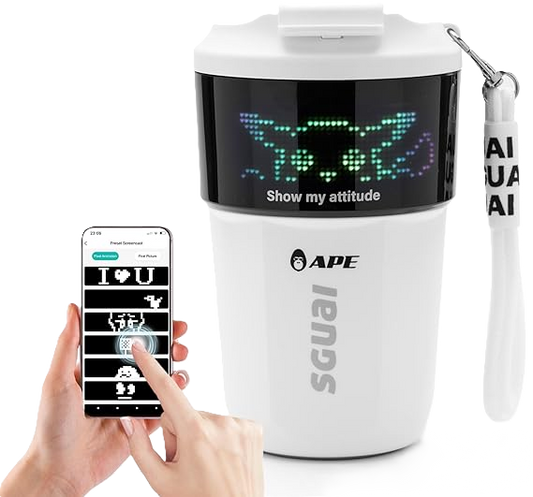 Intelligent coffee cup with customizable LED screen and smartphone control.