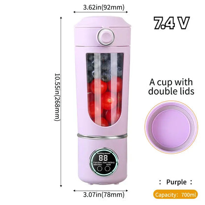 Portable juice maker blender, 700ml capacity, purple color, double lid design.