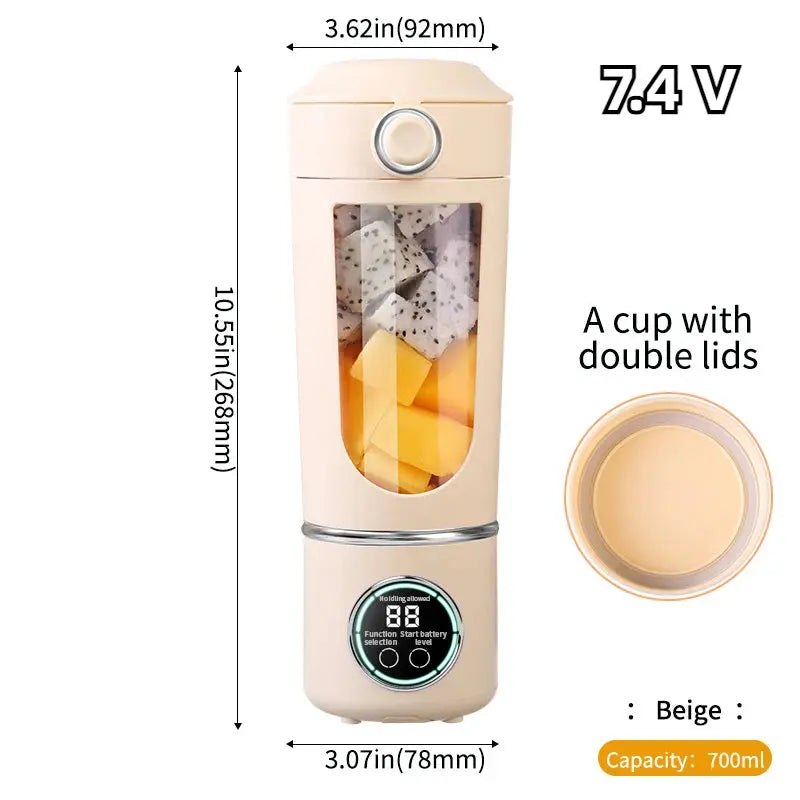 Portable juice maker blender, beige, 700ml capacity, with double lids and digital display.