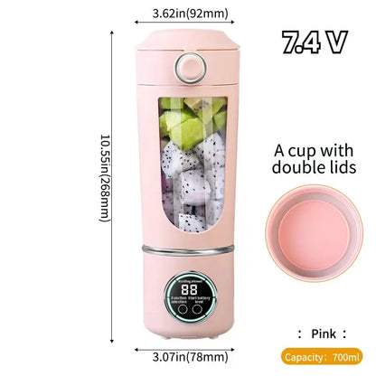 Portable juice maker blender 700ml with steel blades in pink, double lids, 7.4V, compact design.