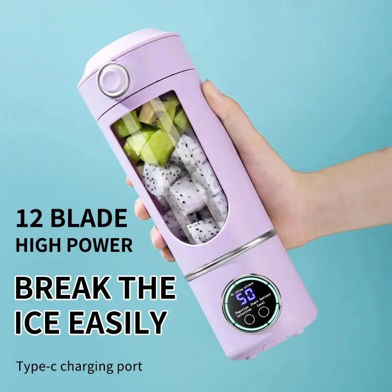 Portable Juice Maker Blender with 12-blade high power, type-C charging port, and ice-breaking capability.