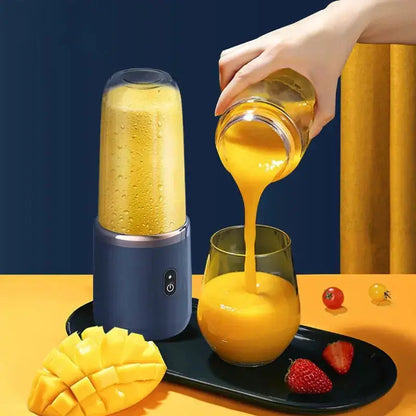 Comfort Life portable juicer cup blending fresh mango juice on kitchen counter.