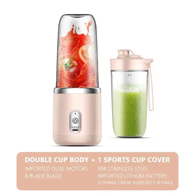 Portable juicer cup with two containers, dual motors, and stainless steel blade for easy on-the-go nutrition.