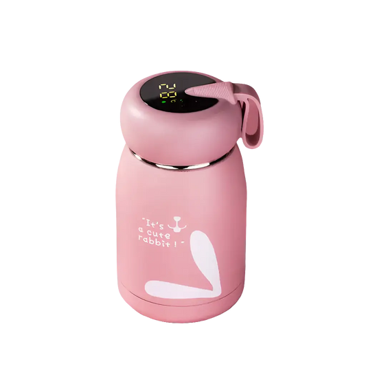 Cute pink thermos bottle with intelligent temperature display and rabbit design.