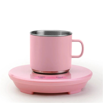 Fast Cooling Heating Mug in pink on a warming base, eco-friendly and durable for adventures.