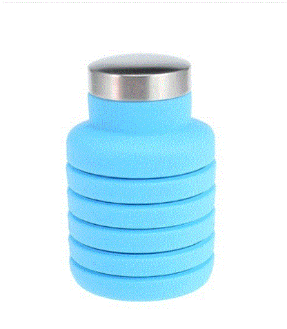 Sky blue collapsible water bottle with stainless steel cap.