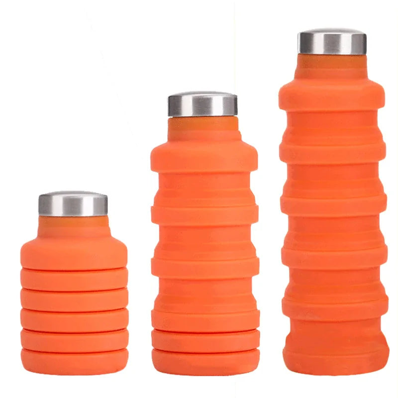 Orange collapsible water bottles in various sizes, ideal for portability and reducing plastic waste.