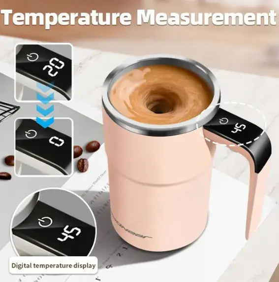 Automatic Magnetic Stirring Cup with digital temperature display mixing coffee.