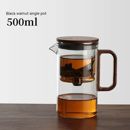 Nordic-style glass liner teapot with black walnut accents, 500ml capacity, showcasing elegant design.