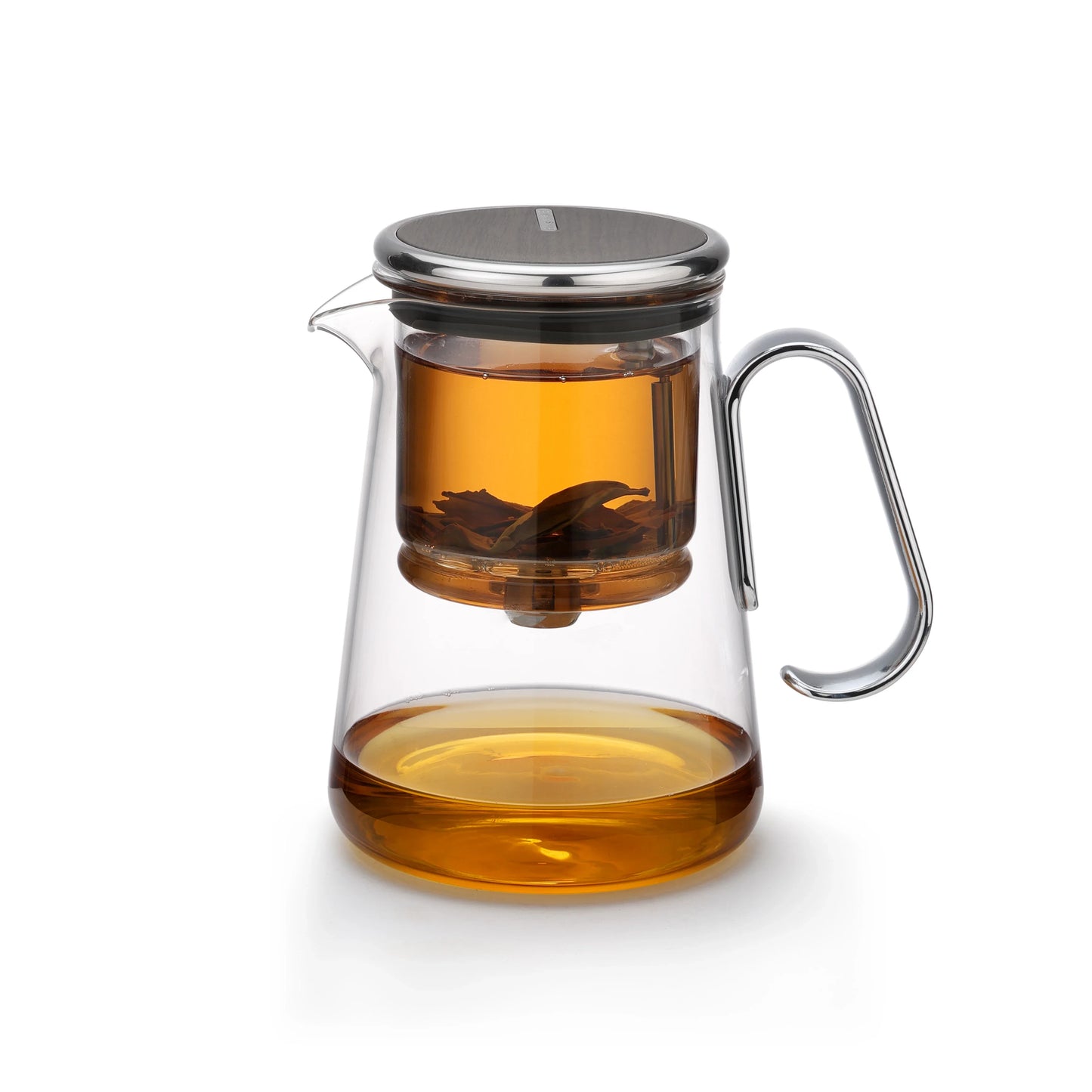 Magnetic switch tea maker with glass filter and stainless steel lid.