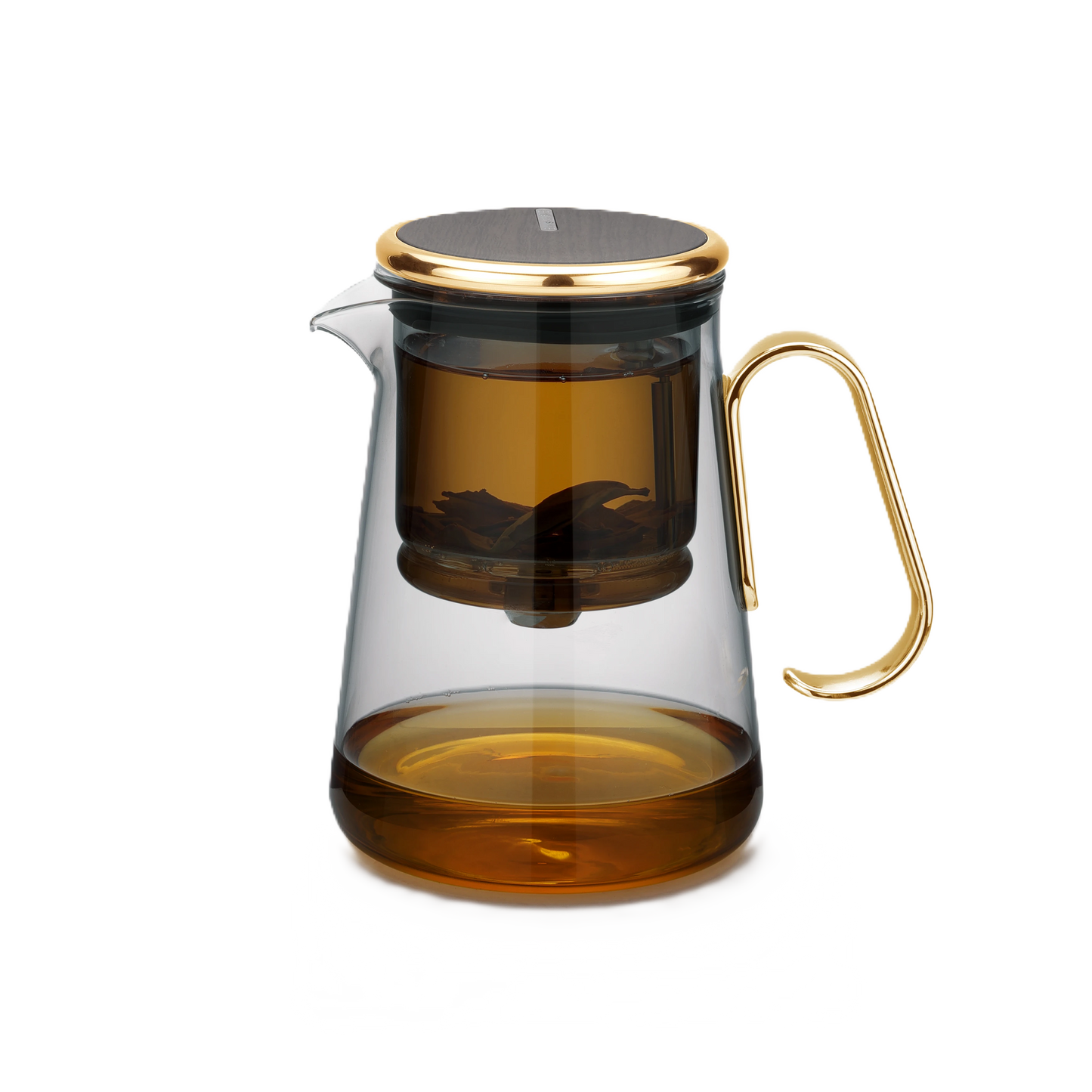 Magnetic switch tea maker with glass filter and golden handle.