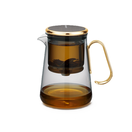 Magnetic switch tea maker with glass filter and golden handle.