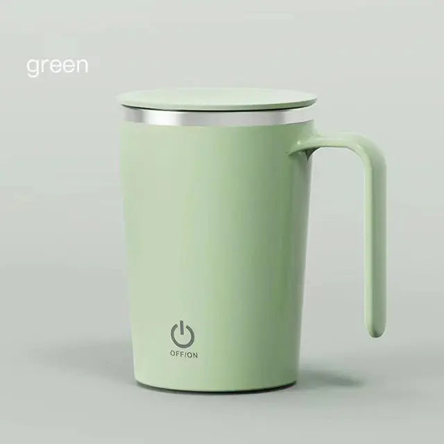 Green automatic self-stirring magnetic mug with handle and power button.