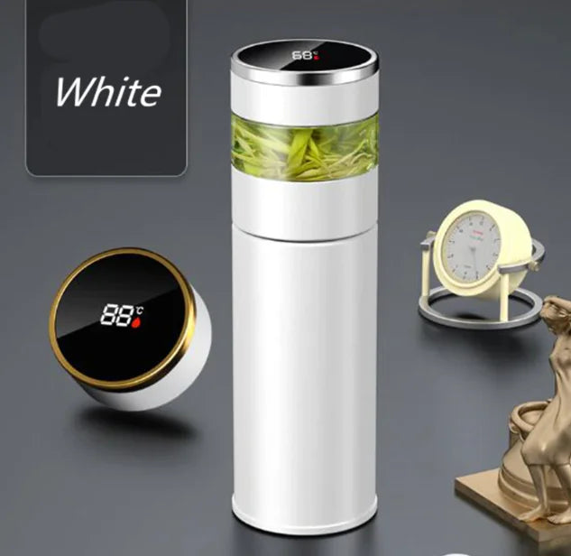 Smart Thermos Bottle with temperature display and strainer infuser in white, ideal for maintaining beverage temperature.