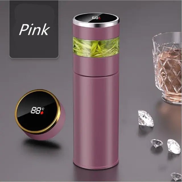 Pink Smart Thermos Bottle with temperature display and built-in tea infuser.