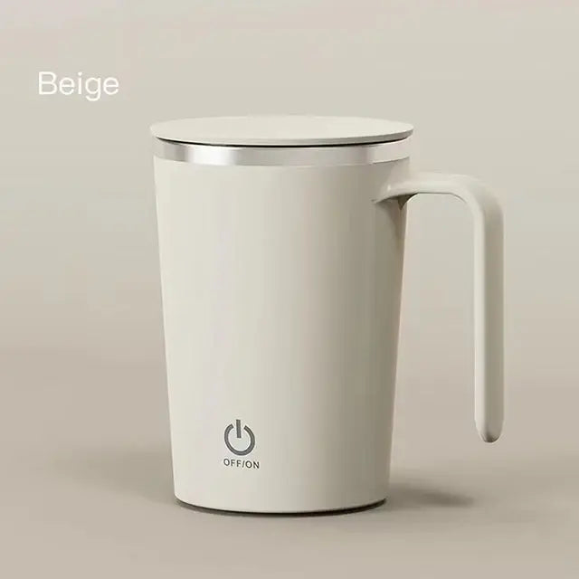 Beige automatic self-stirring magnetic mug with handle and on/off button.