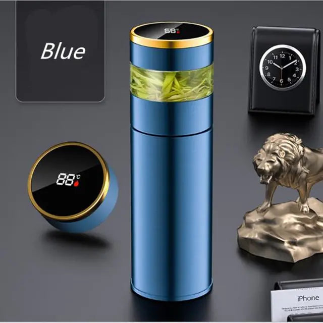 Blue Smart Thermos Bottle with temperature display and leaf infusion design, ideal for tea lovers.