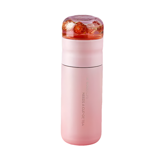 Pink Insulated Tea Cup with Filter and Glass Infuser