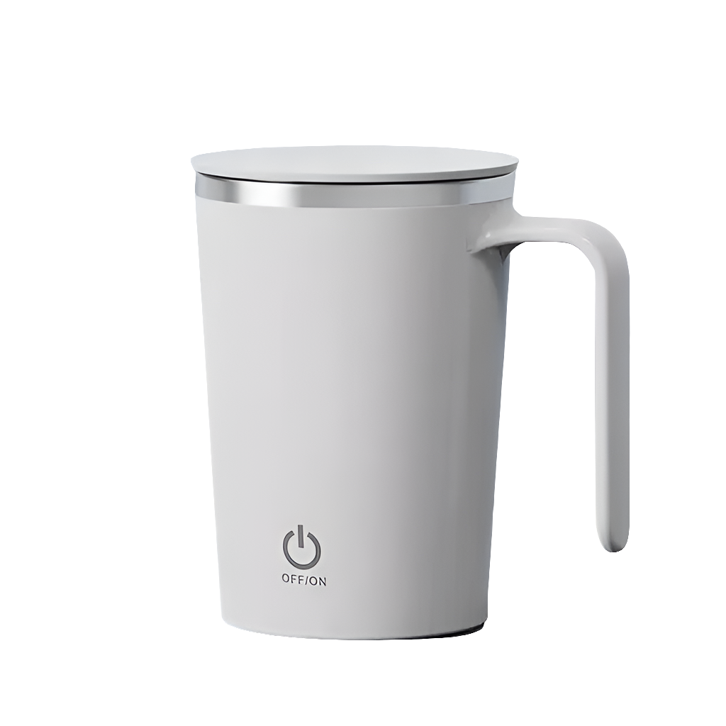 Automatic self-stirring magnetic mug with white finish and power button.