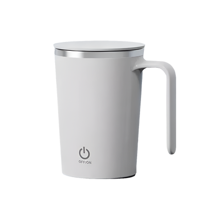 Automatic self-stirring magnetic mug with white finish and power button.