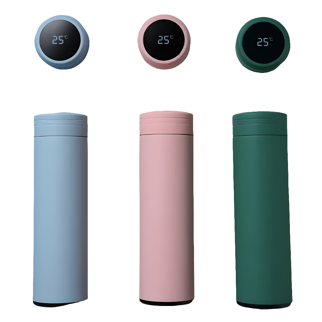 Smart water bottles in blue, pink, and green with digital temperature displays.