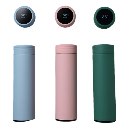 Smart water bottles in blue, pink, and green with digital temperature displays.