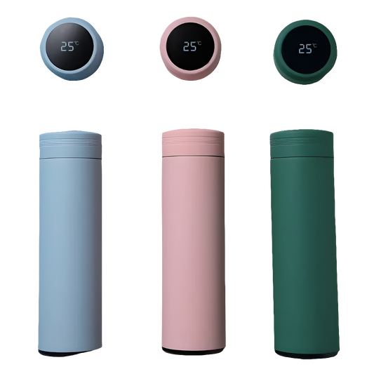 Smart water bottles in blue, pink, and green with digital temperature displays.