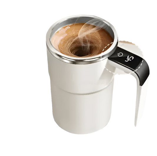 Automatic Magnetic Stirring Cup with digital display mixing hot beverage.