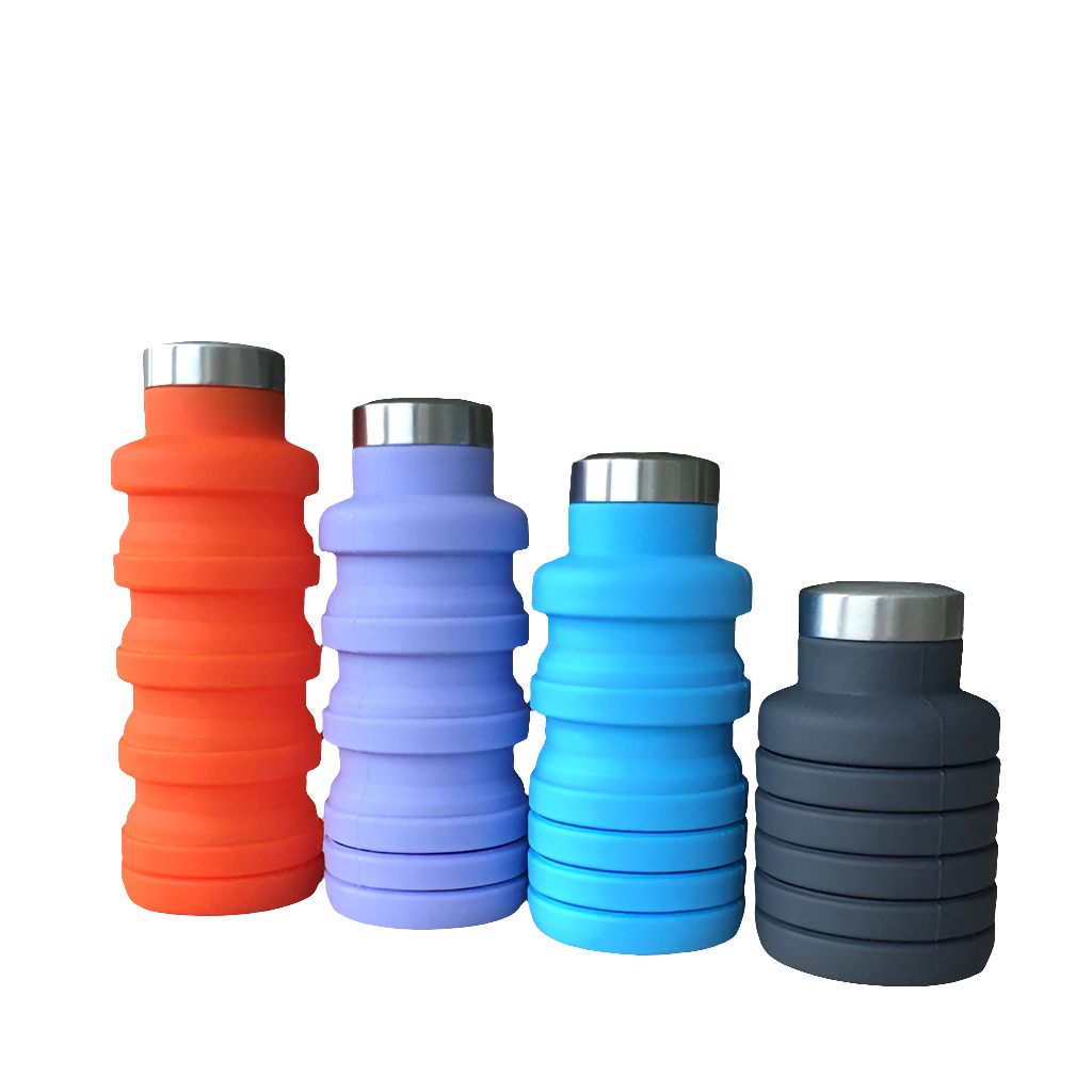 Collapsible water bottle in various colors for convenient hydration.