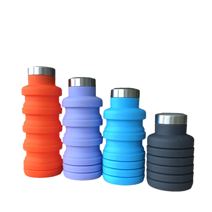 Collapsible water bottle in various colors for convenient hydration.