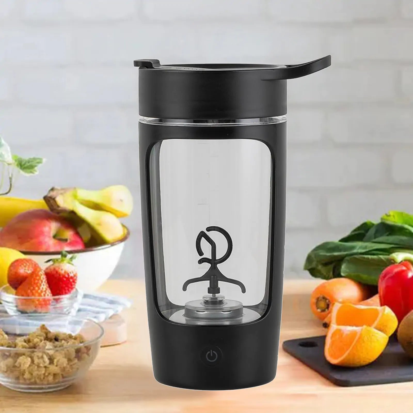 650ML Electric Shaker Cup in black with surrounding fruits and vegetables.