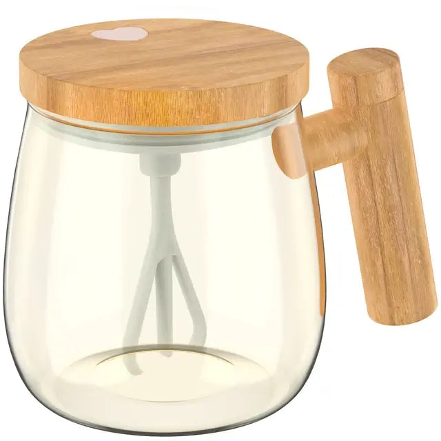 Electric coffee stirring cup with wooden design and automatic stirring feature.