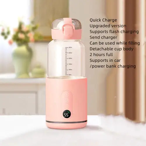 Smart baby bottle warmer with quick charge, detachable cup body, supports in-car charging, pink design.