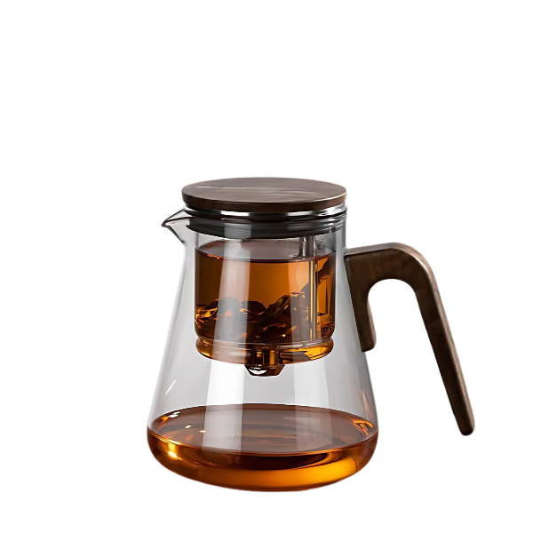 Nordic style glass liner teapot with stainless steel and black walnut handle.