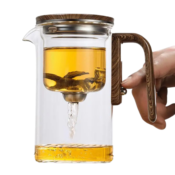 Elegant glass teapot with water separation, walnut transparent color, 520ml capacity, ideal for stylish tea brewing.