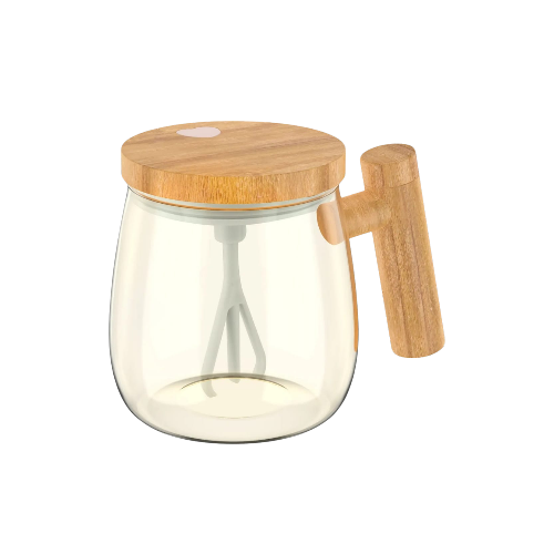 Electric Coffee Cup with automatic stirring and wooden handle design.