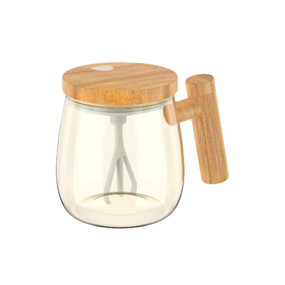 Electric Coffee Cup with automatic stirring and wooden handle design.