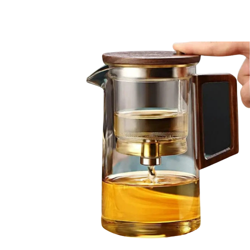 Elegant borosilicate glass teapot with water separation feature and sleek design.