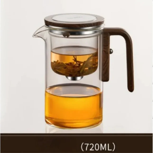 Elegant glass teapot with water separation, 720ml capacity, walnut handle.