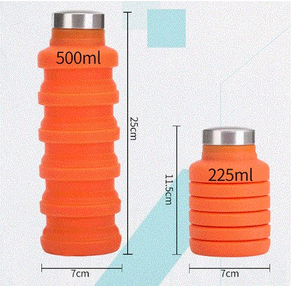 Orange collapsible water bottle in two sizes, 500ml expanded and 225ml collapsed.