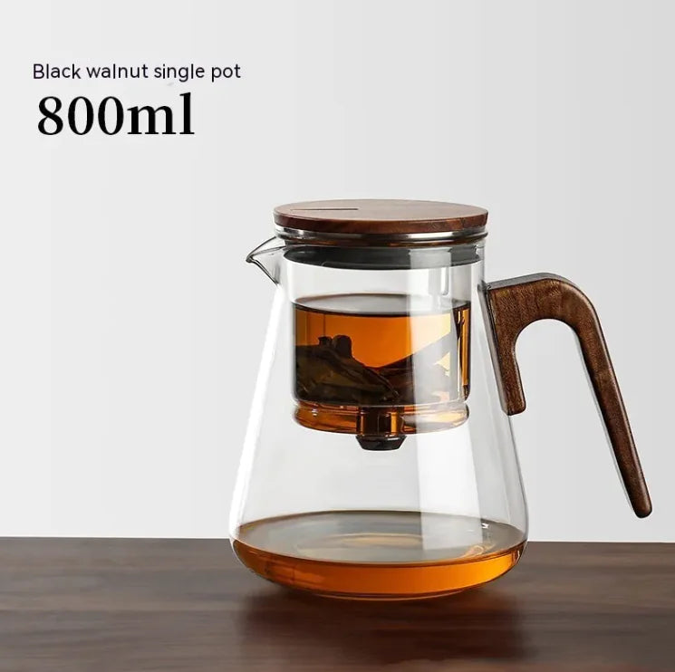 800ml Nordic style Glass Liner Teapot with black walnut handle and lid, perfect for enhancing your tea-drinking experience.