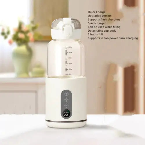 Smart baby bottle warmer with digital temperature display, detachable cup, and quick charge feature for comfortable feeding.